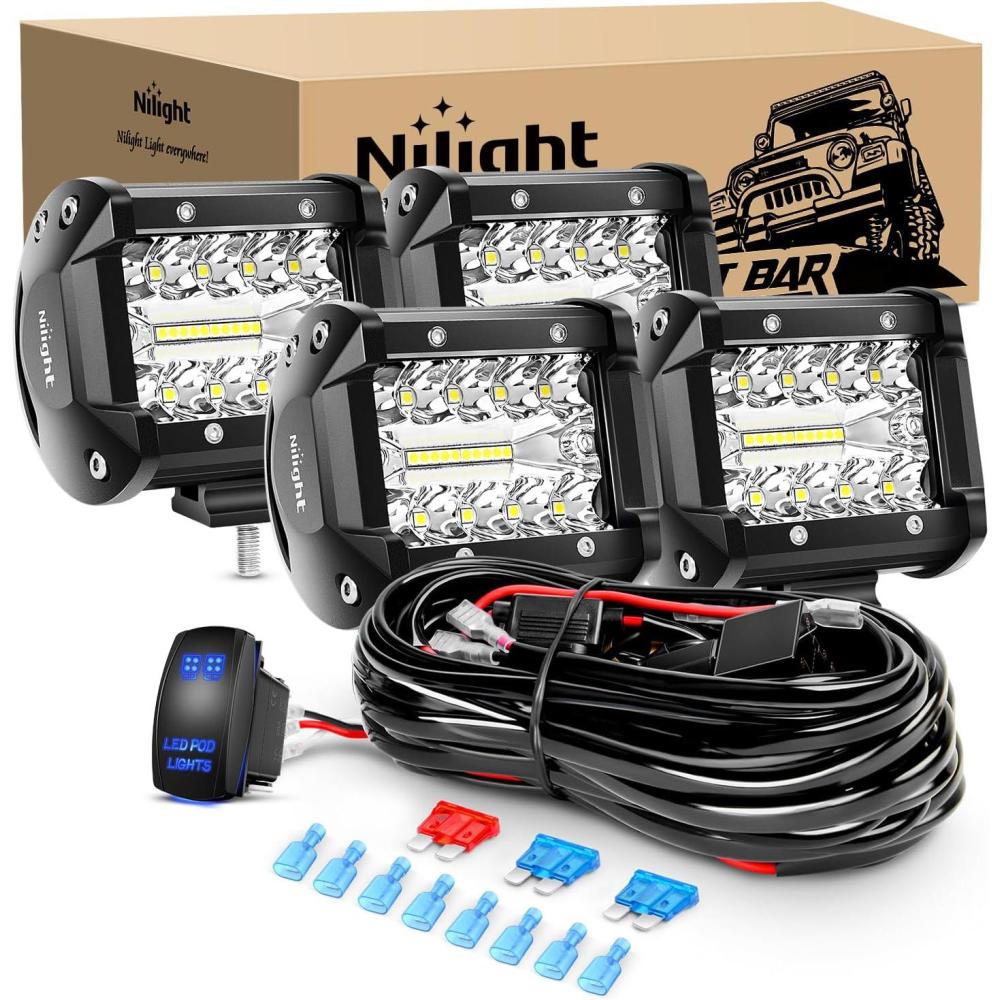 image:imageNilight 4 Inch Yellow LED Light Pods 2PCS Triple Row 60W Flood Spot Combo Offroad Driving Fog Lighting for 12V 24V Pickup Truck ATV UTV SUV4Pcs Led Pods Wiring