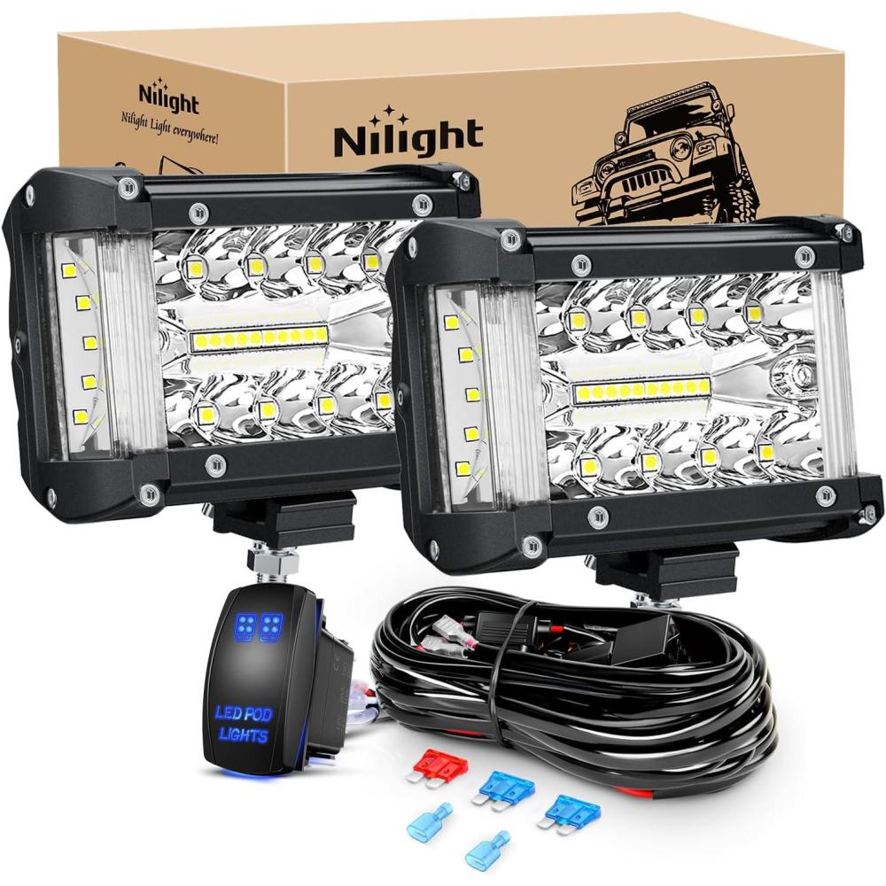image:imageNilight 4 Inch Yellow LED Light Pods 2PCS Triple Row 60W Flood Spot Combo Offroad Driving Fog Lighting for 12V 24V Pickup Truck ATV UTV SUVWhite Side Shooter Pods Wiring