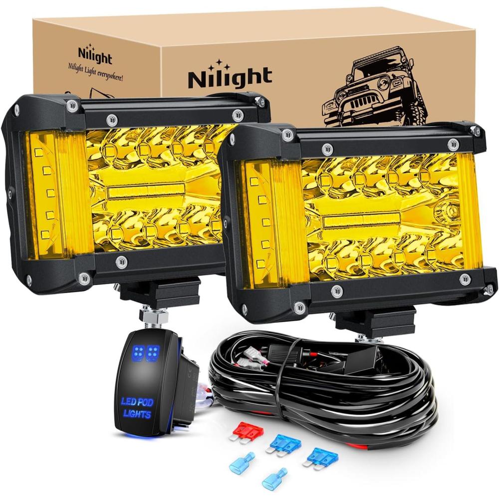 image:imageNilight 4 Inch Yellow LED Light Pods 2PCS Triple Row 60W Flood Spot Combo Offroad Driving Fog Lighting for 12V 24V Pickup Truck ATV UTV SUVYellow Side Shooter Pods  Wiring