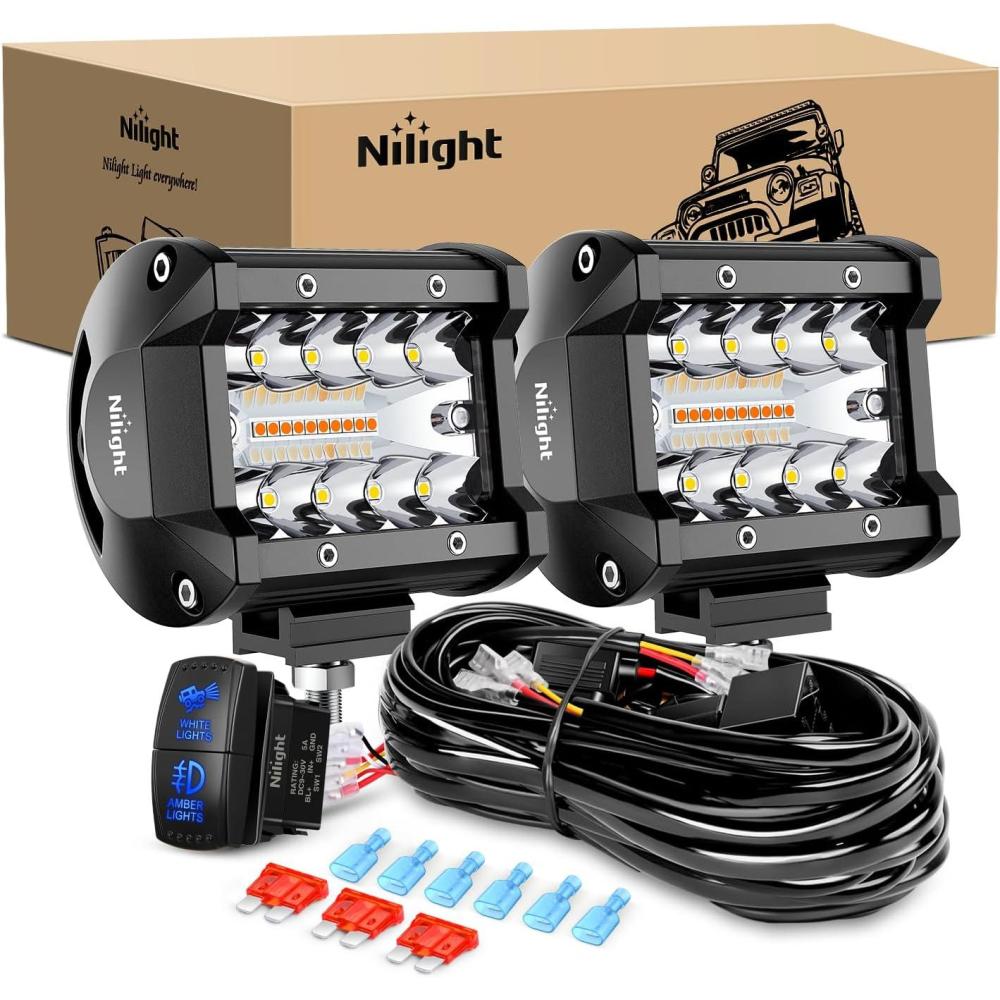 image:imageNilight 4Inch OffRoad LED Light Bar 2PCS 60W 3 Lighting Modes WhiteAmberWhiteampAmber Driving Fog Light Spot Flood Lights with 18AWG Wiring Harness for Truck Car ATV SUV Jeep BoatAmber White 3 modes