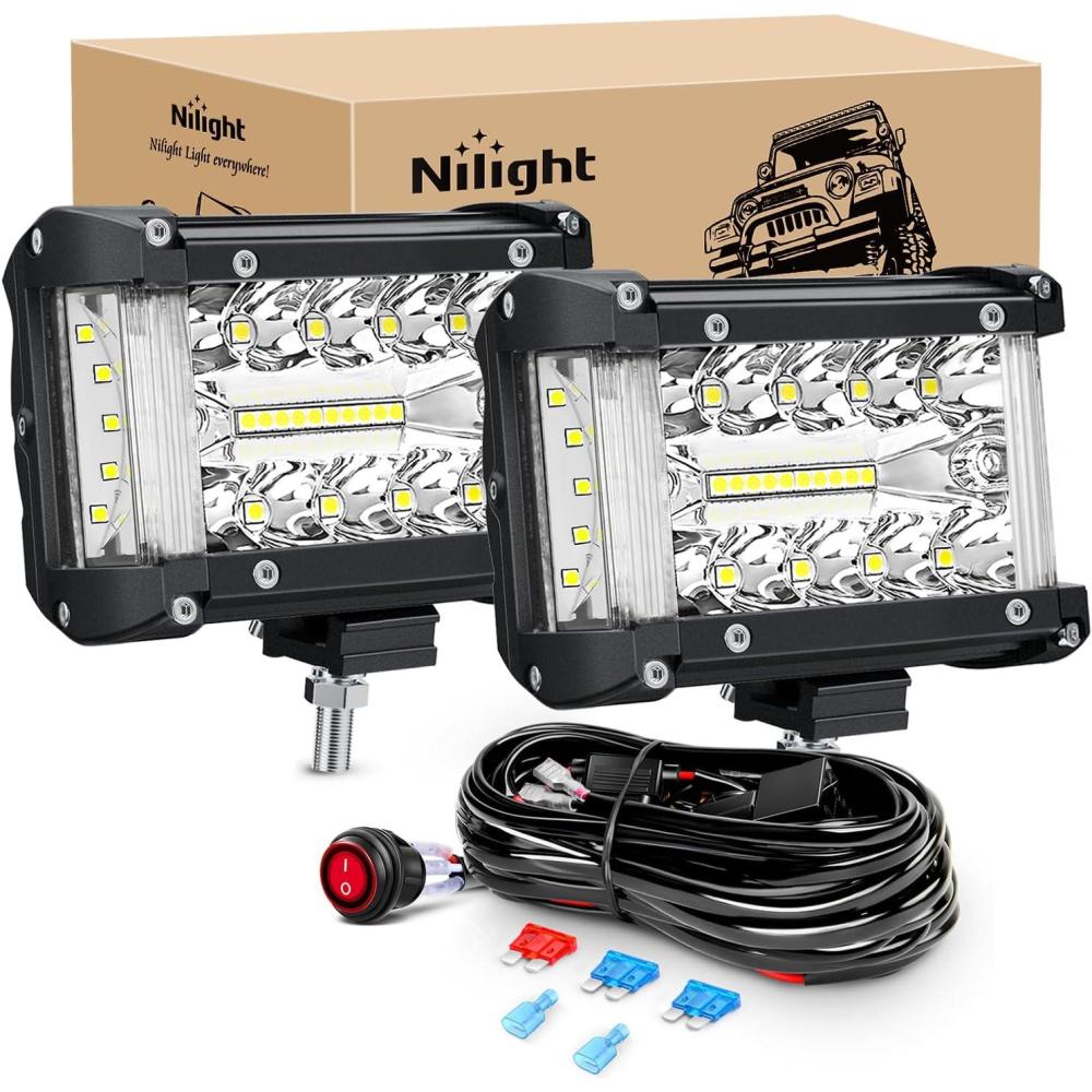 image:imageNilight 4Inch OffRoad LED Light Bar 2PCS 60W 3 Lighting Modes WhiteAmberWhiteampAmber Driving Fog Light Spot Flood Lights with 18AWG Wiring Harness for Truck Car ATV SUV Jeep BoatWhite 2PCS Side Shooter with Wiring Harness