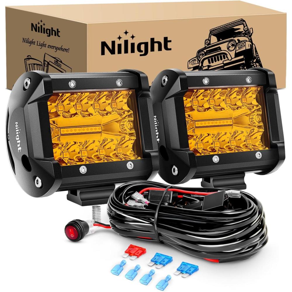 image:imageNilight 4Inch OffRoad LED Light Bar 2PCS 60W 3 Lighting Modes WhiteAmberWhiteampAmber Driving Fog Light Spot Flood Lights with 18AWG Wiring Harness for Truck Car ATV SUV Jeep BoatAmber 2PCS with Wiring Harness