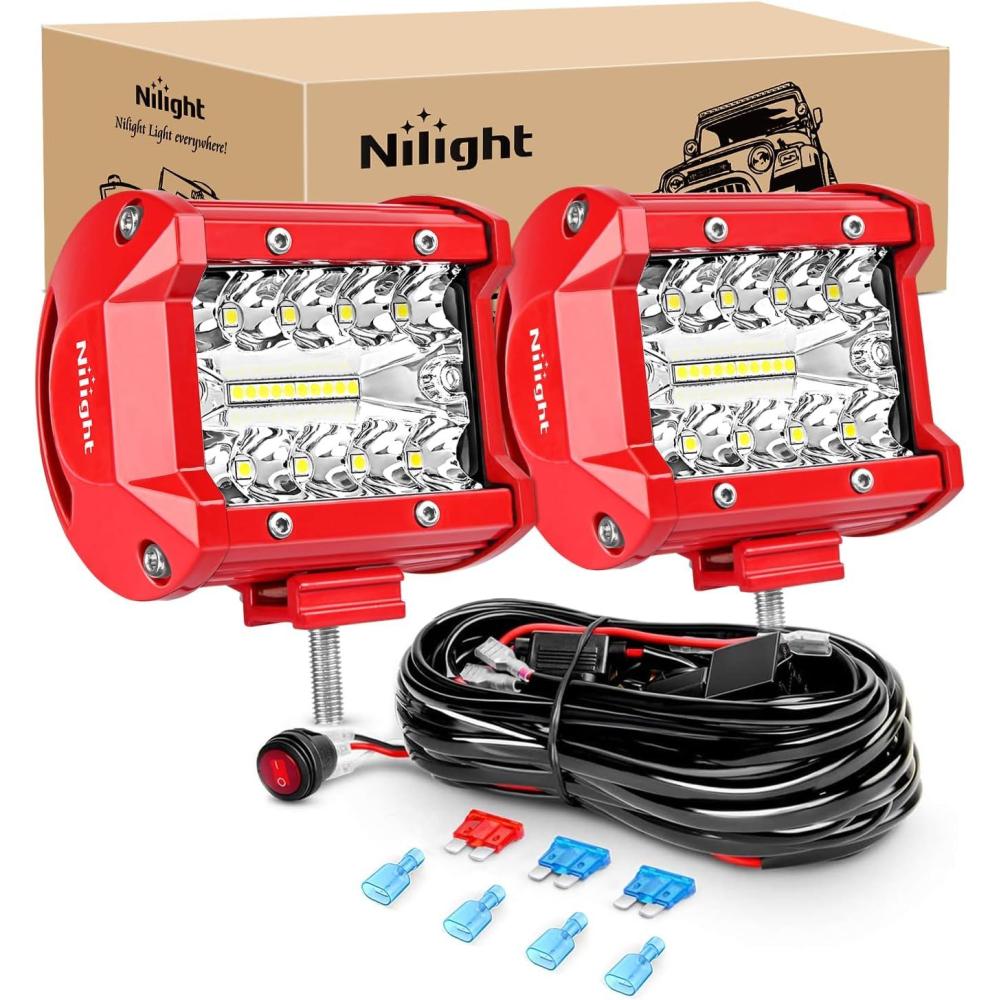 image:imageNilight 4Inch OffRoad LED Light Bar 2PCS 60W 3 Lighting Modes WhiteAmberWhiteampAmber Driving Fog Light Spot Flood Lights with 18AWG Wiring Harness for Truck Car ATV SUV Jeep BoatWhite 2PCS with Red Shell and Wiring Kit