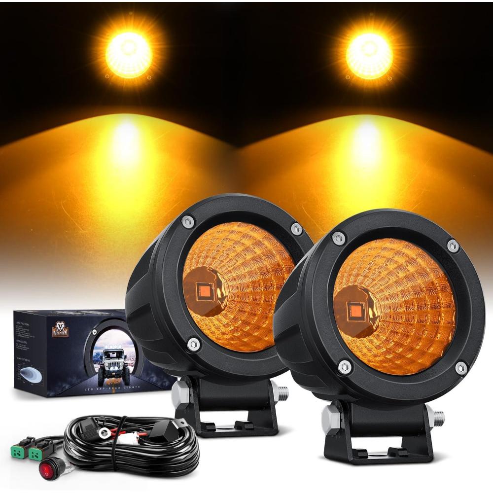 image:imageNilight Amber LED Light Pods 2 PCS 3 Flood Round Offroad Driving Auxiliary Fog Lights Builtin EMC w18AWG DT Wiring Harness Kit for Motorcycle SUV ATV Truck BoatAmber Led Pods 2Pcs Wiring Harness