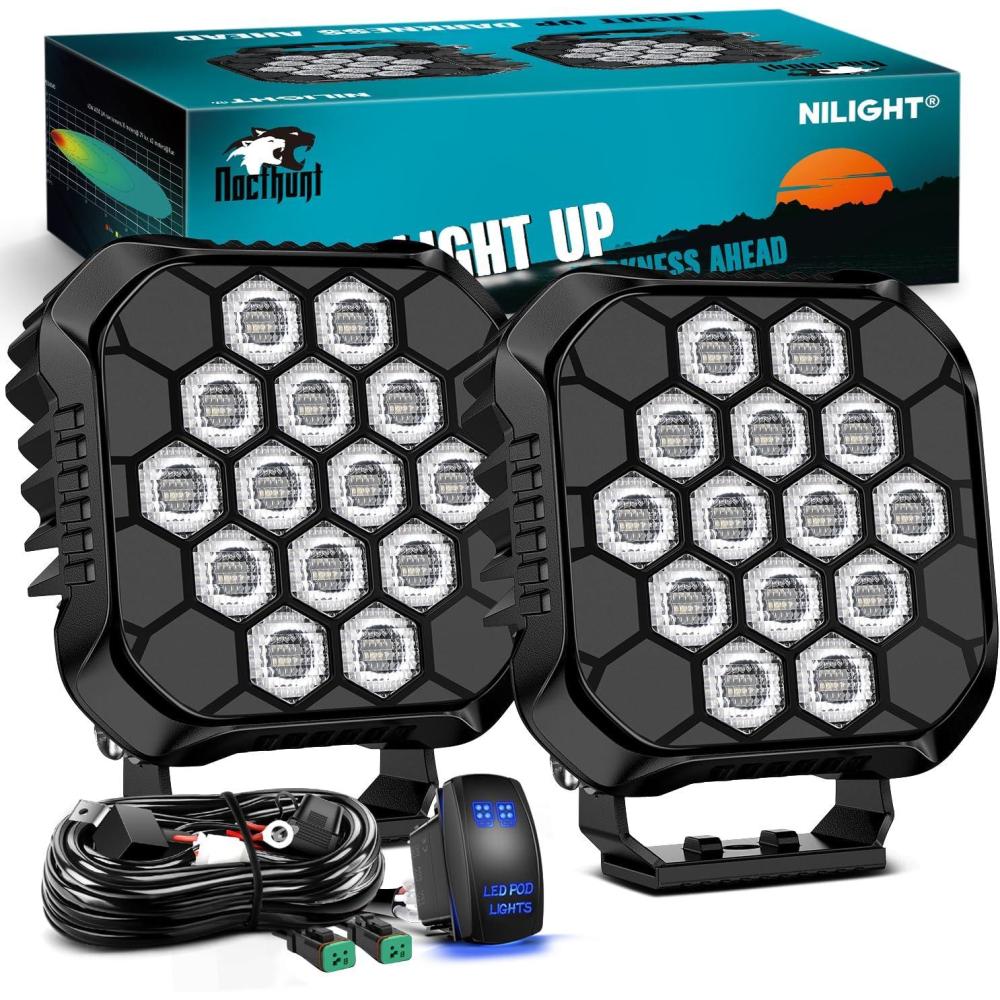 image:imageNilight LED Pod Light 2 PCS 38 Inch 45 W 9 LED Square Hyper Flood Beam Offroad Driving Lights w16 AWG Rocker Switch Wiring Harness Kit for Truck Motorbike Boat ATV UTV44 18LED Spot Pods wWiring Kit