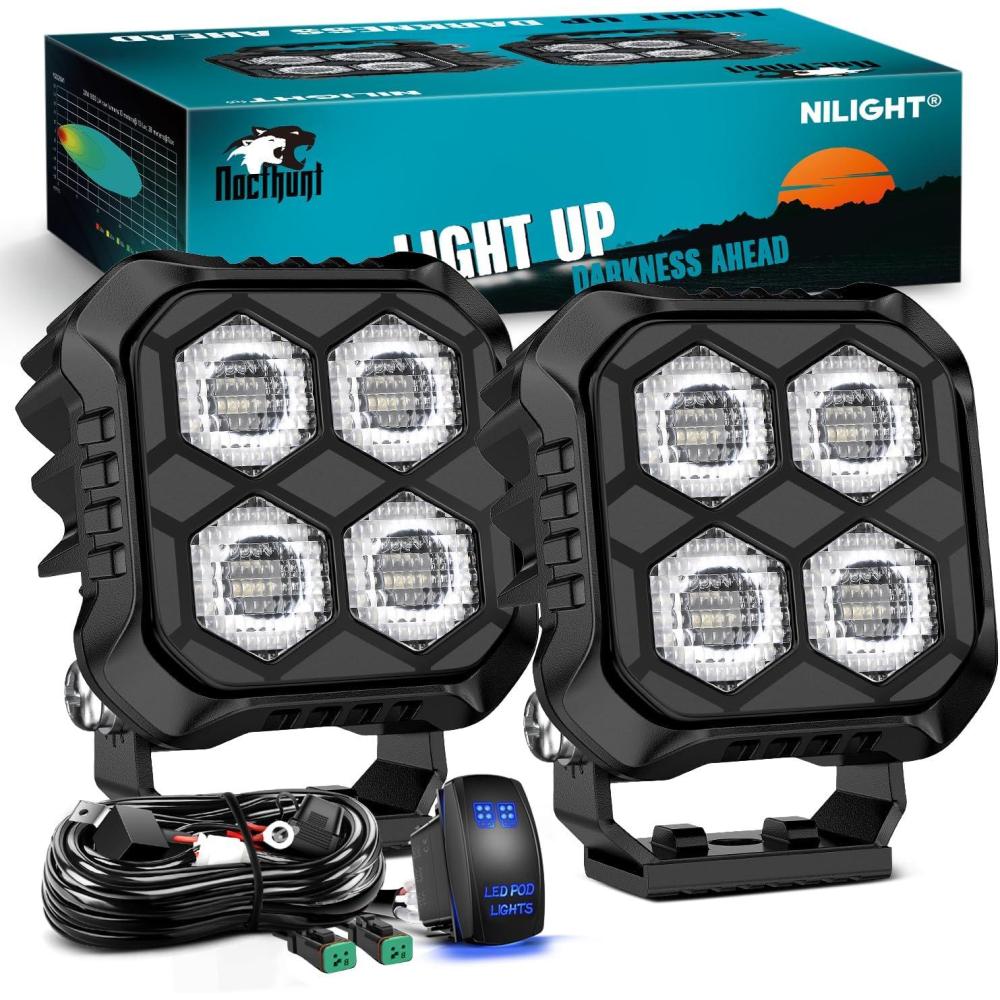 image:imageNilight LED Pod Light 2 PCS 38 Inch 45 W 9 LED Square Hyper Flood Beam Offroad Driving Lights w16 AWG Rocker Switch Wiring Harness Kit for Truck Motorbike Boat ATV UTV28 4LED Flood Pods wWiring Kit