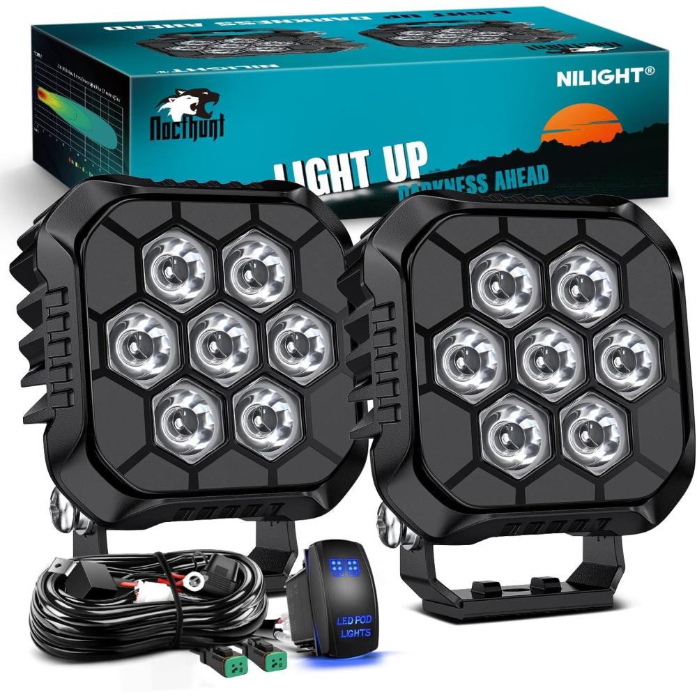 image:imageNilight LED Pod Light 2 PCS 38 Inch 45 W 9 LED Square Hyper Flood Beam Offroad Driving Lights w16 AWG Rocker Switch Wiring Harness Kit for Truck Motorbike Boat ATV UTV38 7LED Spot Pods wWiring Kit