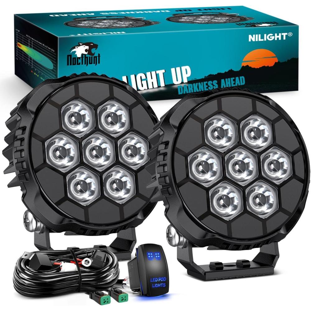 image:imageNilight LED Pod Light 2 PCS 38 Inch 45 W 9 LED Square Hyper Flood Beam Offroad Driving Lights w16 AWG Rocker Switch Wiring Harness Kit for Truck Motorbike Boat ATV UTV41 7LED Spot Pods wWiring Kit