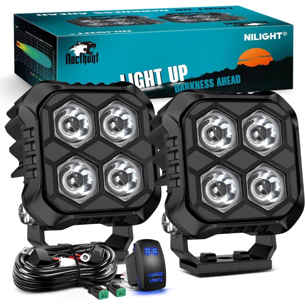 image:imageNilight LED Pod Light 2 PCS 38 Inch 45 W 9 LED Square Hyper Flood Beam Offroad Driving Lights w16 AWG Rocker Switch Wiring Harness Kit for Truck Motorbike Boat ATV UTV28 4LED Spot Pods wWiring Kit