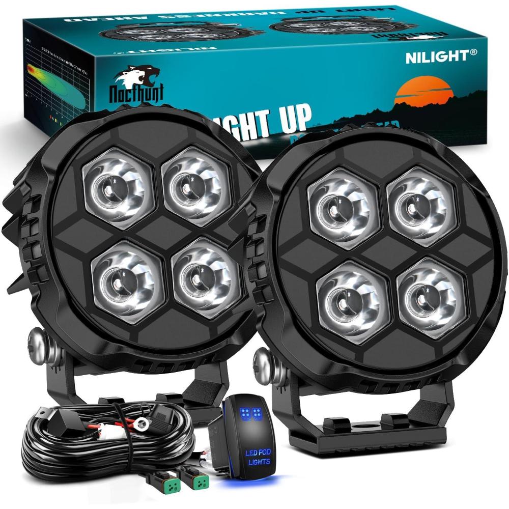 image:imageNilight LED Pod Light 2 PCS 38 Inch 45 W 9 LED Square Hyper Flood Beam Offroad Driving Lights w16 AWG Rocker Switch Wiring Harness Kit for Truck Motorbike Boat ATV UTV31 4LED Spot Pods wWiring Kit