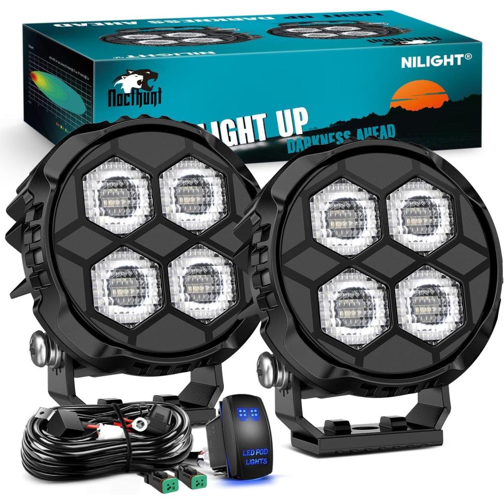 image:imageNilight LED Pod Light 2 PCS 38 Inch 45 W 9 LED Square Hyper Flood Beam Offroad Driving Lights w16 AWG Rocker Switch Wiring Harness Kit for Truck Motorbike Boat ATV UTV31 4LED Flood Pods wWiring Kit