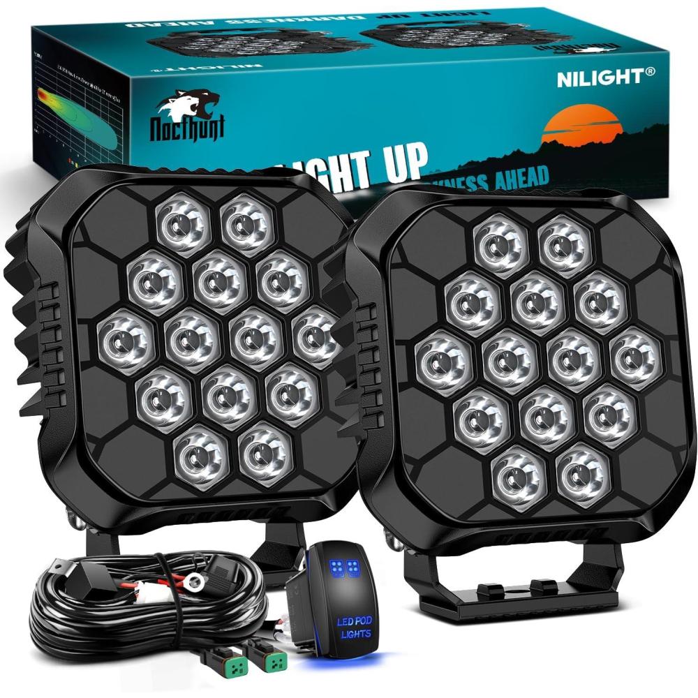 image:imageNilight LED Pod Light 2 PCS 38 Inch 45 W 9 LED Square Hyper Flood Beam Offroad Driving Lights w16 AWG Rocker Switch Wiring Harness Kit for Truck Motorbike Boat ATV UTV44 14LED Spot Pods wWiring Kit