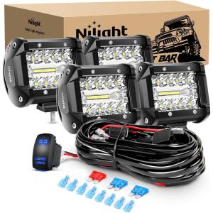 Nilight 4 Inch Yellow LED Light Pods 2PCS Triple Row 60W Flood Spot Combo Offroad Driving Fog Lighting for 12V 24V Pickup Truck ATV UTV SUV(4Pcs Led Pods+ Wiring)
