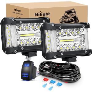 Nilight 4 Inch Yellow LED Light Pods 2PCS Triple Row 60W Flood Spot Combo Offroad Driving Fog Lighting for 12V 24V Pickup Truck ATV UTV SUV(White Side Shooter Pods + Wiring)