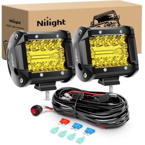 Nilight 4Inch Off-Road LED Light Bar, 2PCS 60W 3 Lighting Modes (White/Amber/White&Amber) Driving Fog Light Spot Flood Lights with 18AWG Wiring Harness for Truck Car ATV SUV Jeep Boat(Yellow 2PCS with Switch Wiring Harness)