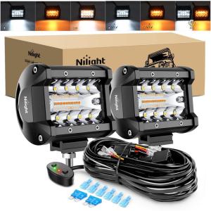 Nilight 4Inch Off-Road LED Light Bar, 2PCS 60W 3 Lighting Modes (White/Amber/White&Amber) Driving Fog Light Spot Flood Lights with 18AWG Wiring Harness for Truck Car ATV SUV Jeep Boat(Amber&White 2PCS 6 Modes with Wiring Harness)