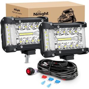 Nilight 4Inch Off-Road LED Light Bar, 2PCS 60W 3 Lighting Modes (White/Amber/White&Amber) Driving Fog Light Spot Flood Lights with 18AWG Wiring Harness for Truck Car ATV SUV Jeep Boat(White 2PCS Side Shooter with Wiring Harness)