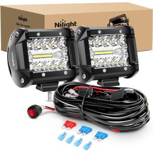 Nilight 4Inch Off-Road LED Light Bar, 2PCS 60W 3 Lighting Modes (White/Amber/White&Amber) Driving Fog Light Spot Flood Lights with 18AWG Wiring Harness for Truck Car ATV SUV Jeep Boat(White 2PCS with Wiring Harness)