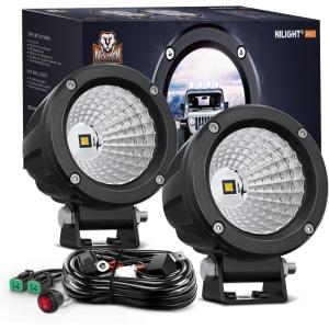 Nilight Amber LED Light Pods 2 PCS 3″ Flood Round Offroad Driving Auxiliary Fog Lights Built-in EMC w/18AWG DT Wiring Harness Kit for Motorcycle SUV ATV Truck Boat(White Led Pods 2Pcs +Wiring Harness)