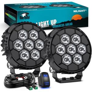 Nilight LED Pod Light 2 PCS 3.8 Inch 45 W 9 LED Square Hyper Flood Beam Offroad Driving Lights w/16 AWG Rocker Switch Wiring Harness Kit for Truck Motorbike Boat ATV UTV(4.1″ 7LED Spot Pods w/Wiring Kit)