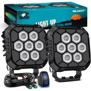 Nilight LED Pod Light 2 PCS 3.8 Inch 45 W 9 LED Square Hyper Flood Beam Offroad Driving Lights w/16 AWG Rocker Switch Wiring Harness Kit for Truck Motorbike Boat ATV UTV(3.8″ 9LED Flood Pods w/Wiring Kit)