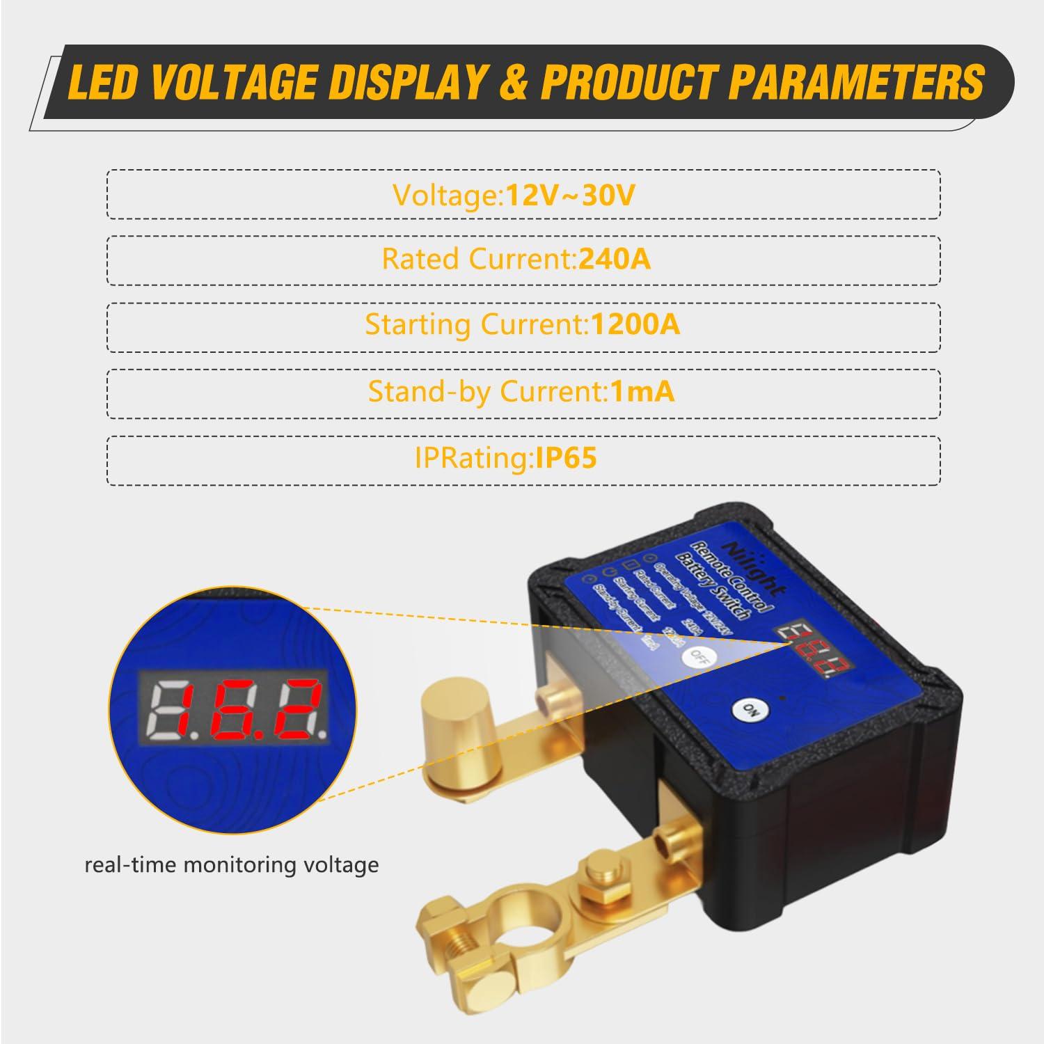 image:imageNilight 240A Remote Battery Disconnect Switch 12V 24V Car Smart AntiTheft Kill Switches Upgrade Prevent Power Drain Wireless Remote Control Relay Fobs Voltmeter Display for Auto Cars Truck RV Boat