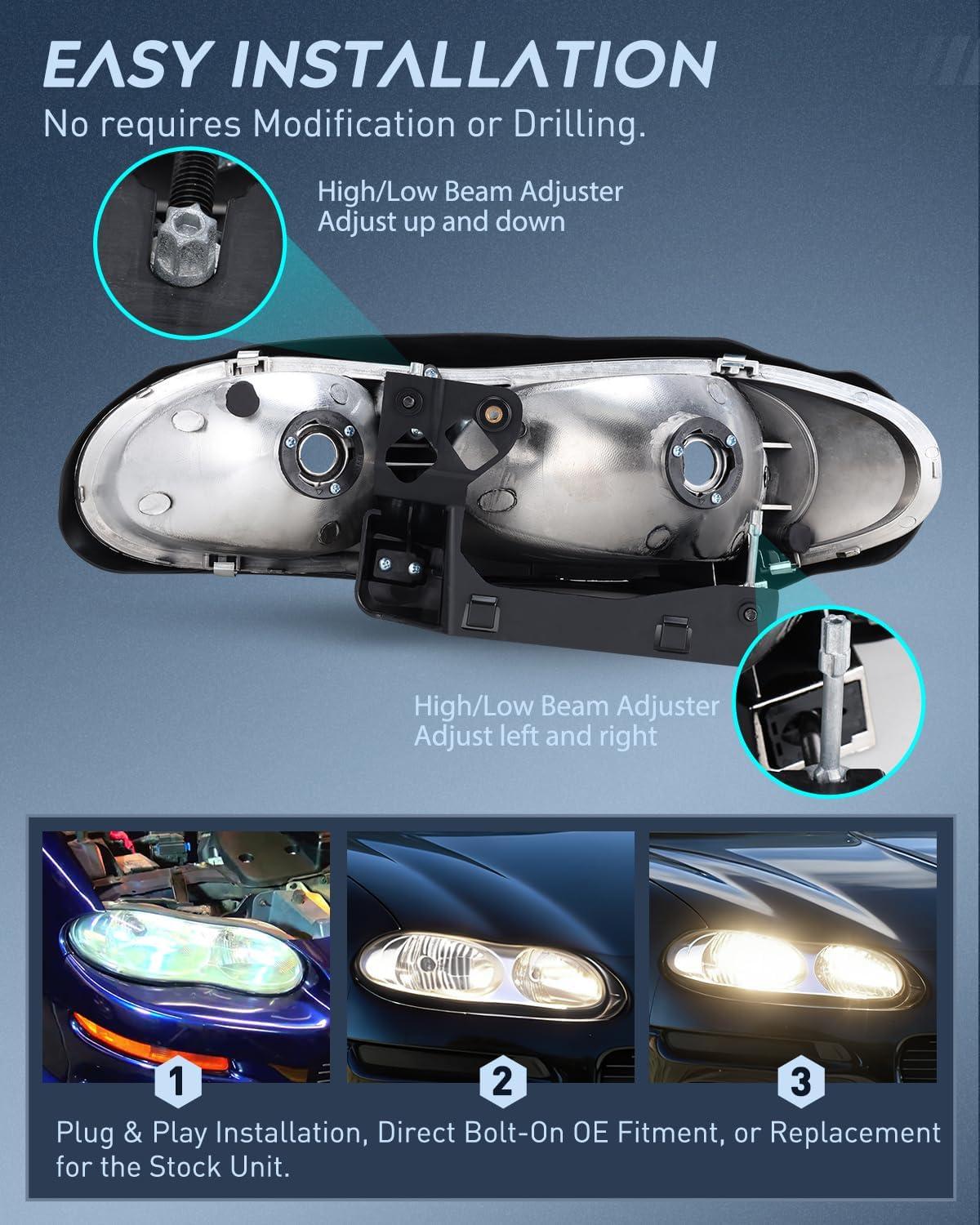 image:imageNilight Headlight Assembly Compatible with 1998 1999 2000 2001 2002 Chevy Chevrolet Camaro OE Style Halogen Replacement Headlamps Chrome Housing Passenger and Driver SideChrome Housing