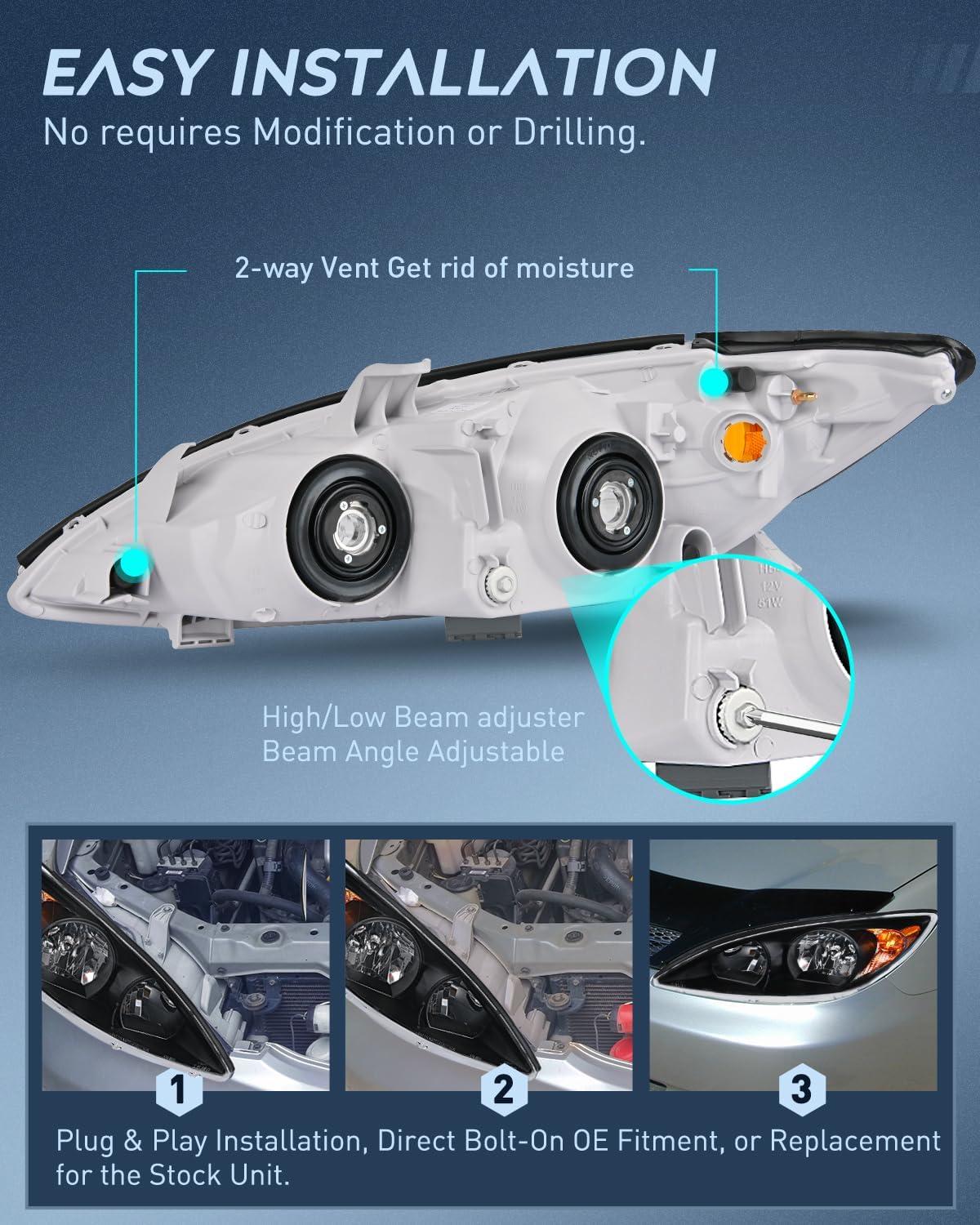 image:imageNilight Headlight Assembly Compatible with 2005 2006 Toyota Camry LE XLE SE Headlamps Replacement Chrome Housing Amber Reflector Upgraded Clear Lens Driver and Passenger SideBlack Housing Amber Reflector