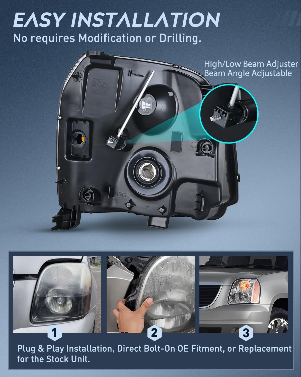 image:imageNilight Headlight Assembly Compatible with 2007 2008 2009 2010 2011 2012 2013 2014 GMC Yukon Halogen Type Factory OE Style Replacement Chrome Housing Amber Reflector Passenger and Driver SideChrome Housing Amber Reflector