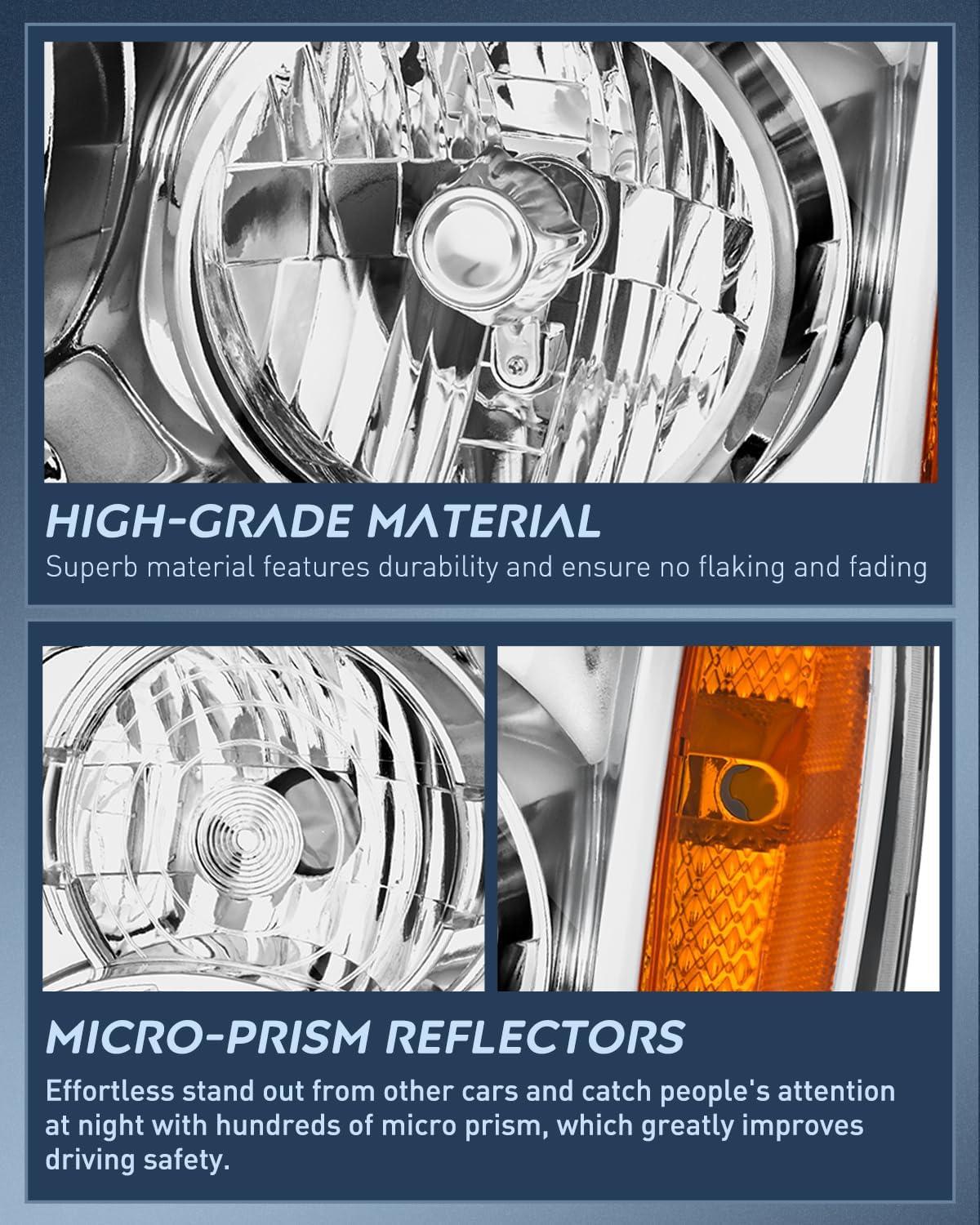image:imageNilight Headlight Assembly Compatible with 2007 2008 2009 2010 2011 2012 2013 2014 GMC Yukon Halogen Type Factory OE Style Replacement Chrome Housing Amber Reflector Passenger and Driver SideChrome Housing Amber Reflector
