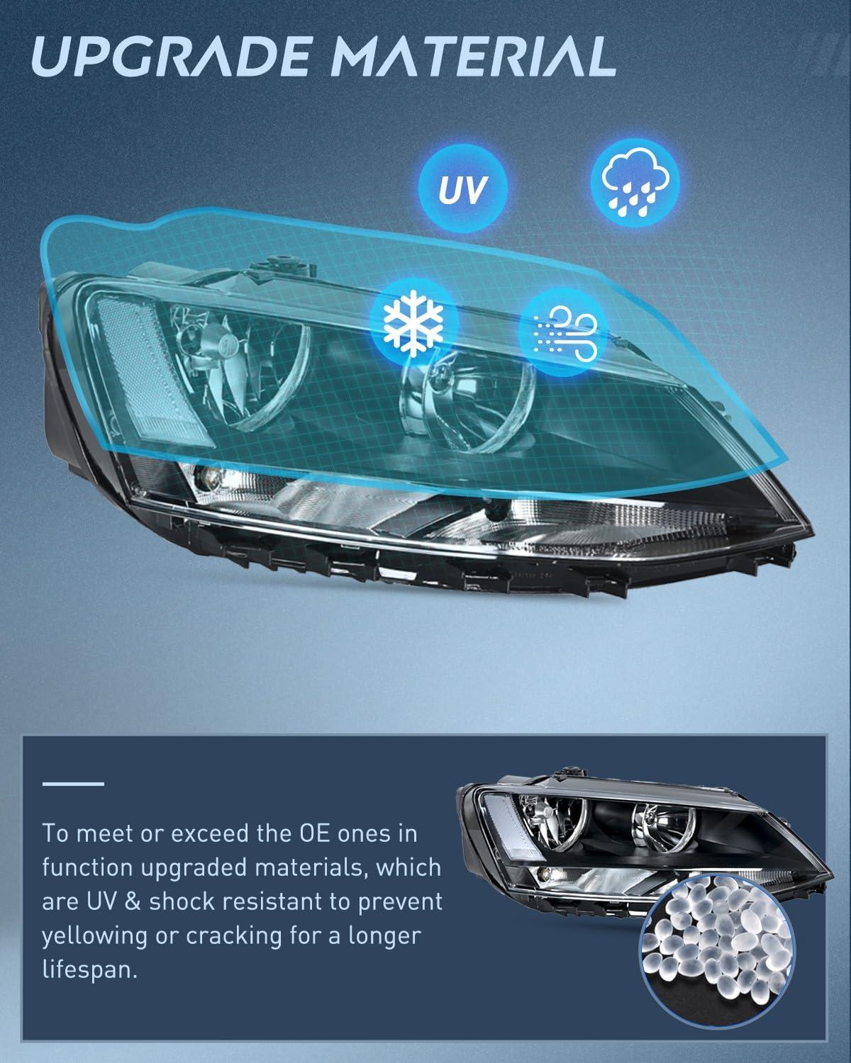 image:imageNilight Headlight Assembly Compatible with 2011 2012 2013 2014 2015 2016 2017 2018 Volkswagen Jetta MK6 OE Style Replacement Black Housing Clear Reflector Halogen Headlamps Driver and Passenger Side