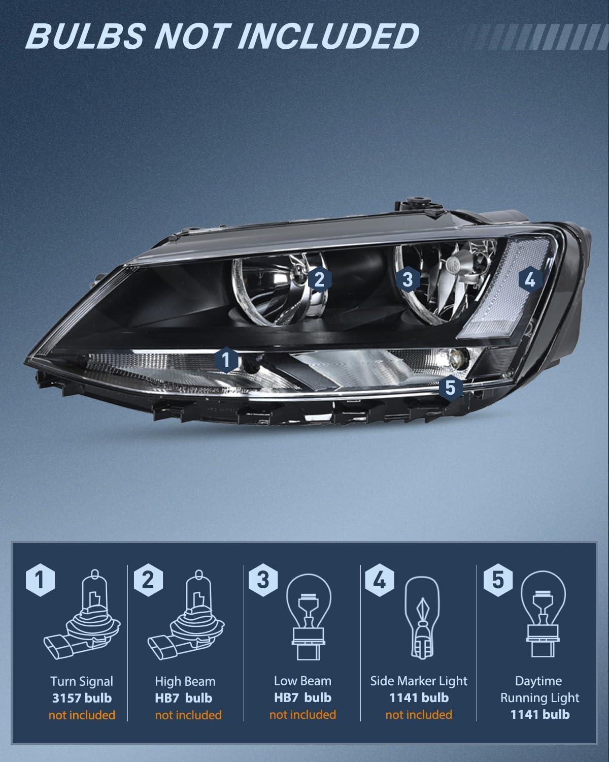 image:imageNilight Headlight Assembly Compatible with 2011 2012 2013 2014 2015 2016 2017 2018 Volkswagen Jetta MK6 OE Style Replacement Black Housing Clear Reflector Halogen Headlamps Driver and Passenger Side