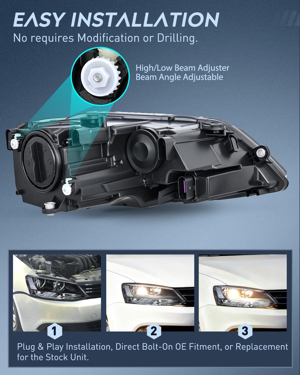 image:imageNilight Headlight Assembly Compatible with 2011 2012 2013 2014 2015 2016 2017 2018 Volkswagen Jetta MK6 OE Style Replacement Black Housing Clear Reflector Halogen Headlamps Driver and Passenger Side