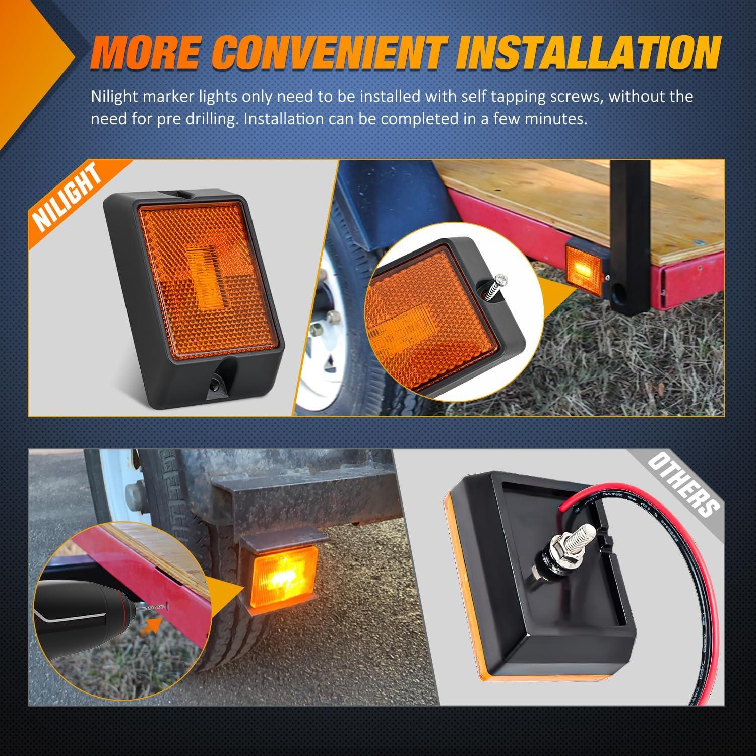image:imageNilight Side Marker Light 4PCS Square 3LED Amber Front Rear Indicator Clearance Lights Reflective Lens Surface Mounted Waterproof for 12V Truck Trailer Boat RVAmber 2Pcs