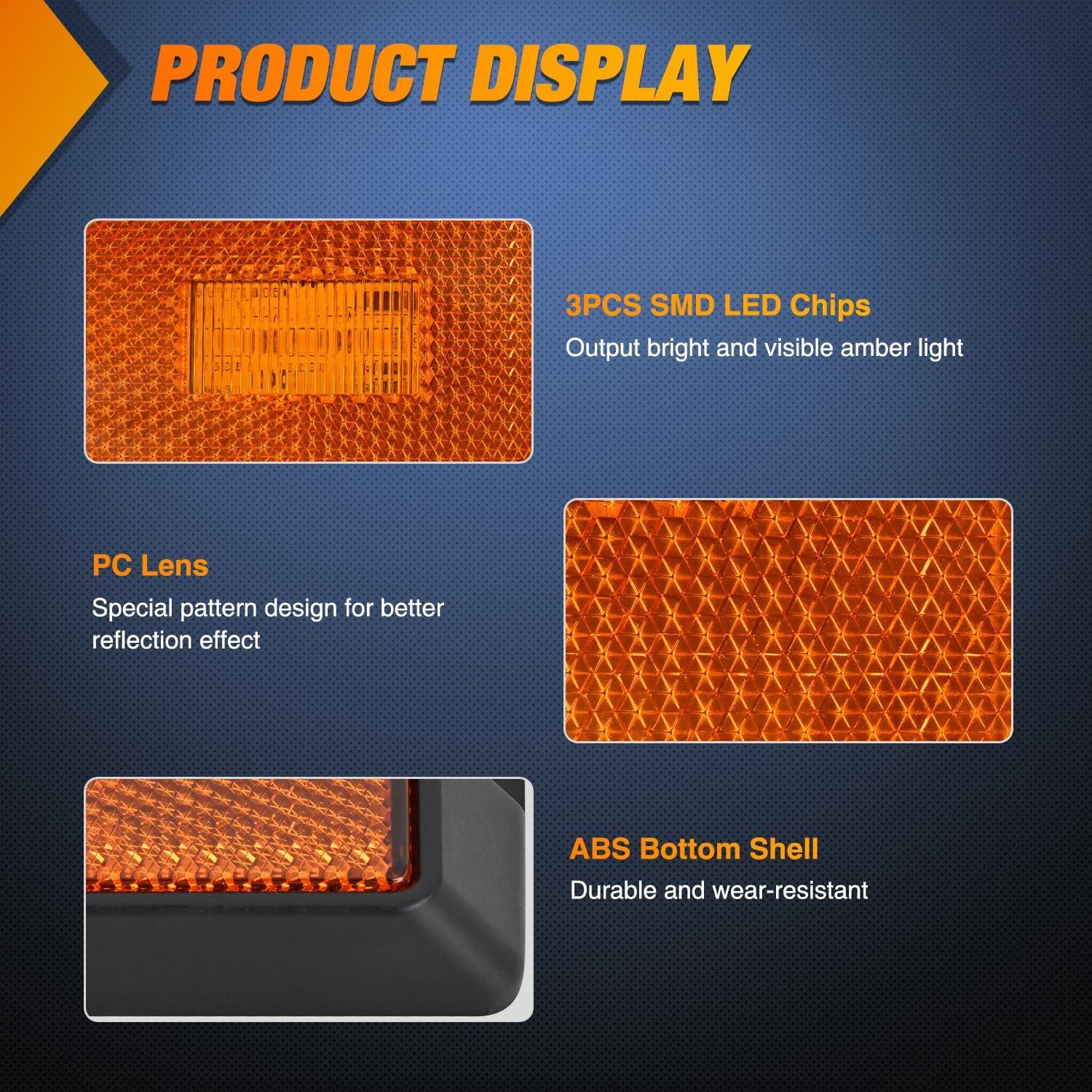image:imageNilight Side Marker Light 4PCS Square 3LED Amber Front Rear Indicator Clearance Lights Reflective Lens Surface Mounted Waterproof for 12V Truck Trailer Boat RVRed Amber 4Pcs