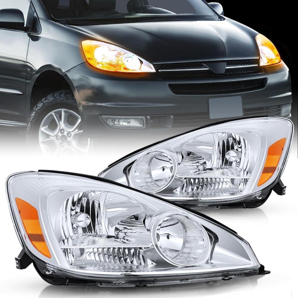 image:imageNilight Headlight Assembly Compatible with 2004 2005 Toyota Sienna Black Housing Amber Reflector Upgraded Clear Lens Headlights Replacement Driver and Passenger SideChrome Housing Amber Reflector