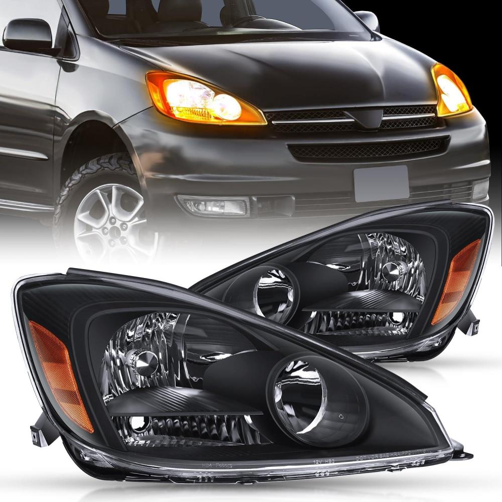 image:imageNilight Headlight Assembly Compatible with 2004 2005 Toyota Sienna Black Housing Amber Reflector Upgraded Clear Lens Headlights Replacement Driver and Passenger SideBlack Housing Amber Reflector