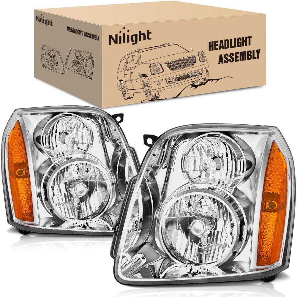 image:imageNilight Headlight Assembly Compatible with 2007 2008 2009 2010 2011 2012 2013 2014 GMC Yukon Halogen Type Factory OE Style Replacement Chrome Housing Amber Reflector Passenger and Driver SideChrome Housing Amber Reflector