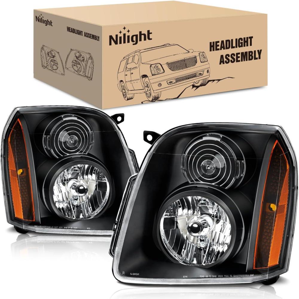 image:imageNilight Headlight Assembly Compatible with 2007 2008 2009 2010 2011 2012 2013 2014 GMC Yukon Halogen Type Factory OE Style Replacement Chrome Housing Amber Reflector Passenger and Driver SideBlack Housing Amber Reflector
