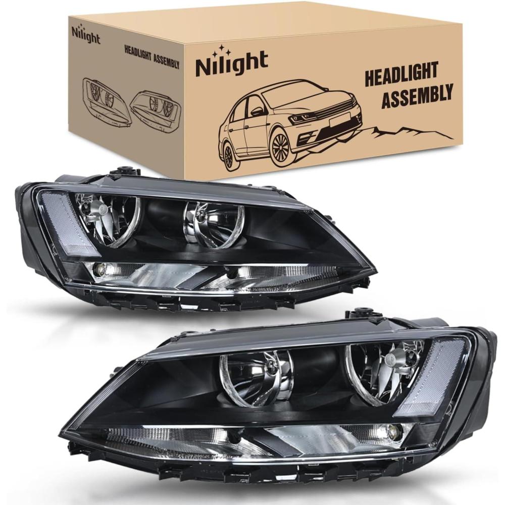image:imageNilight Headlight Assembly Compatible with 2011 2012 2013 2014 2015 2016 2017 2018 Volkswagen Jetta MK6 OE Style Replacement Black Housing Clear Reflector Halogen Headlamps Driver and Passenger Side