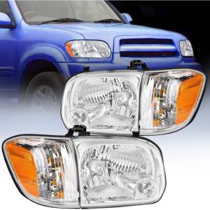 Nilight Headlight Assembly Compatible for 2005 2006 Toyota Tundra 4 Door Double Crew Cab 2007 Sequoia Pickup Replacement Chrome Housing Clear Reflector Driver Passenger Side(Chrome Housing+ Amber Reflector)