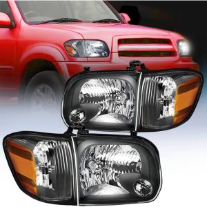 Nilight Headlight Assembly Compatible for 2005 2006 Toyota Tundra 4 Door Double Crew Cab 2007 Sequoia Pickup Replacement Chrome Housing Clear Reflector Driver Passenger Side(Black Housing+ Amber Reflector)