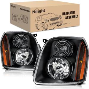 Nilight Headlight Assembly Compatible with 2007 2008 2009 2010 2011 2012 2013 2014 GMC Yukon Halogen Type Factory OE Style Replacement Chrome Housing Amber Reflector Passenger and Driver Side(Black Housing Amber Reflector)