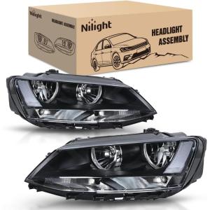Nilight Headlight Assembly Compatible with 2011 2012 2013 2014 2015 2016 2017 2018 Volkswagen Jetta MK6 OE Style Replacement Black Housing Clear Reflector Halogen Headlamps Driver and Passenger Side