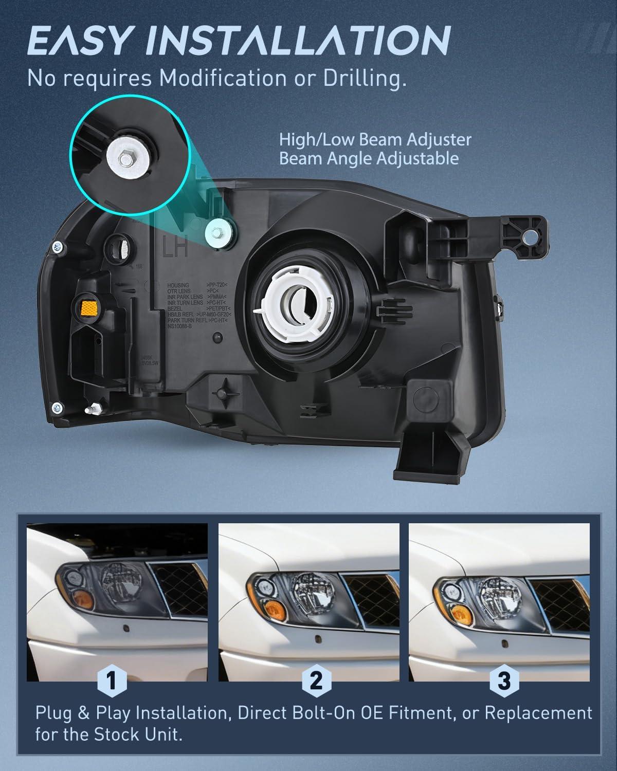 image:imageNilight Headlight Assembly Compatible with 2001 2002 2003 2004 Nissan Frontier XE OE Style Replacement Halogen Headlights Black Housing Amber Reflector Headlamp Passenger and DriverBlack Housing Amber Reflector Amber Turn Light
