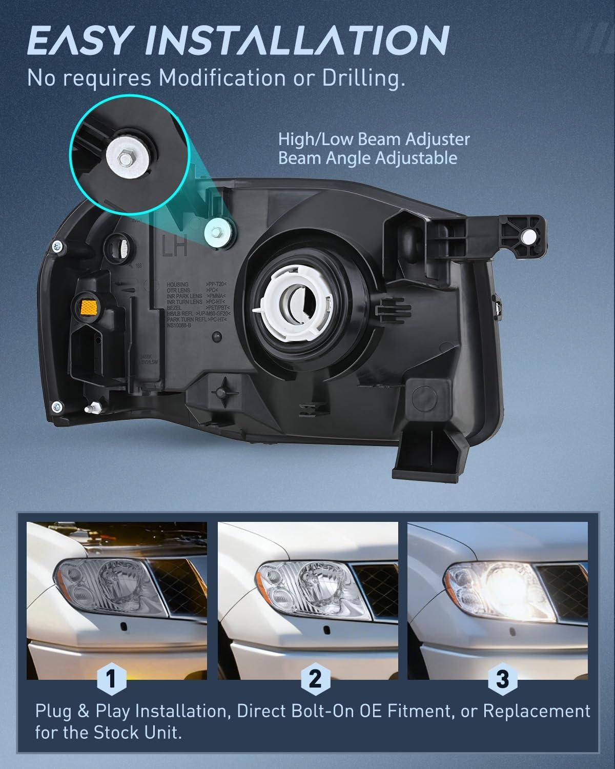 image:imageNilight Headlight Assembly Compatible with 2001 2002 2003 2004 Nissan Frontier XE OE Style Replacement Halogen Headlights Black Housing Amber Reflector Headlamp Passenger and DriverChrome Housing Amber Reflector Clear Turn Light