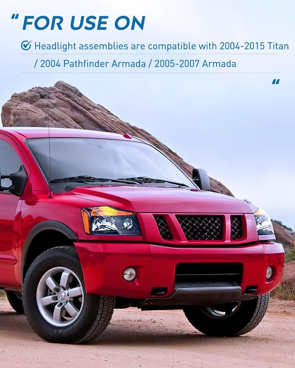 image:imageNilight Headlight Assembly Compatible with 2004 2005 2006 2007 2008 2009 2010 2011 2012 2013 2014 2015 Nissan Titan 2004 2005 2006 2007 Armada Headlamps Replacement Chrome Housing Amber ReflectorBlack Housing Amber Reflector