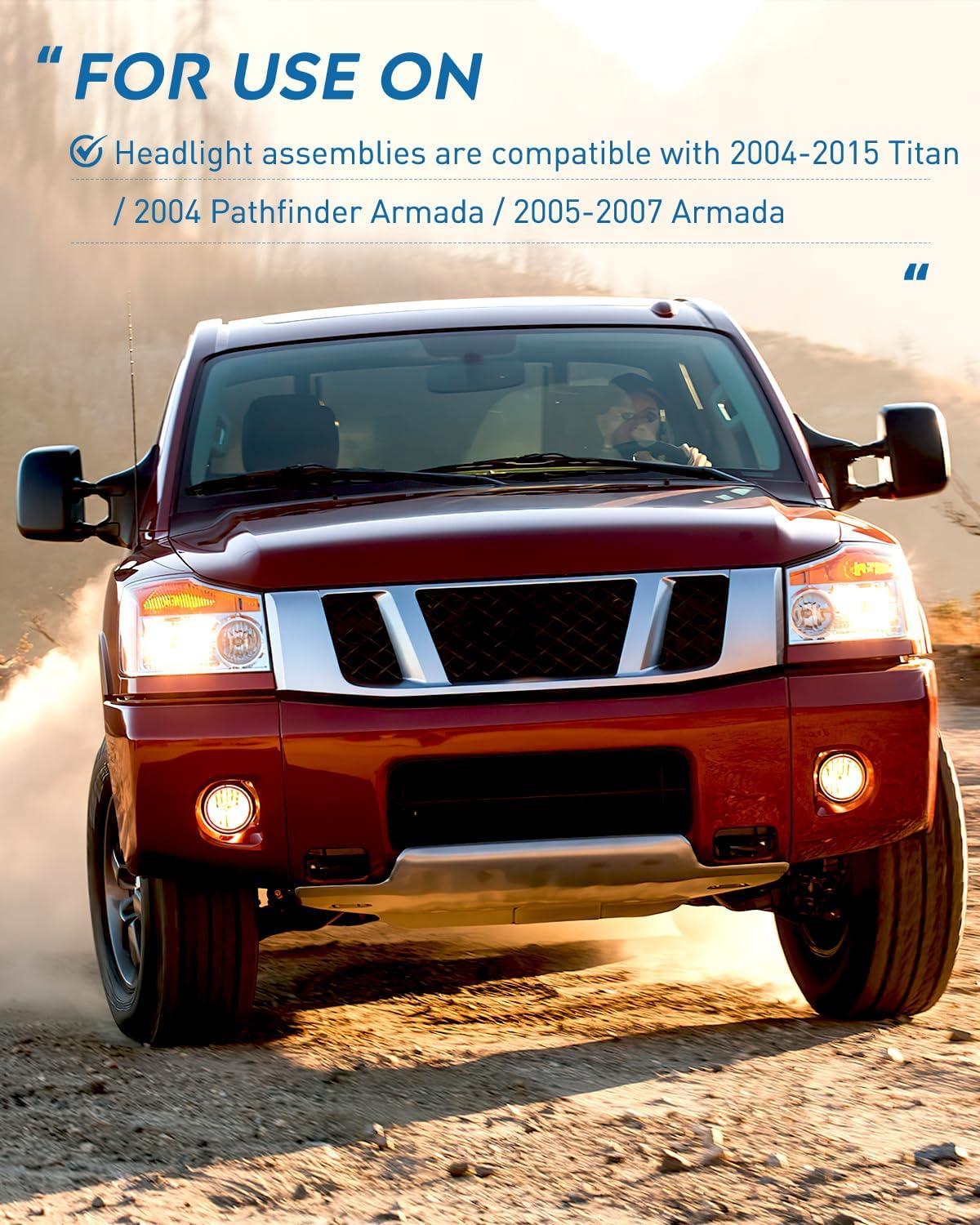 image:imageNilight Headlight Assembly Compatible with 2004 2005 2006 2007 2008 2009 2010 2011 2012 2013 2014 2015 Nissan Titan 2004 2005 2006 2007 Armada Headlamps Replacement Chrome Housing Amber ReflectorChrome Housing Amber Reflector