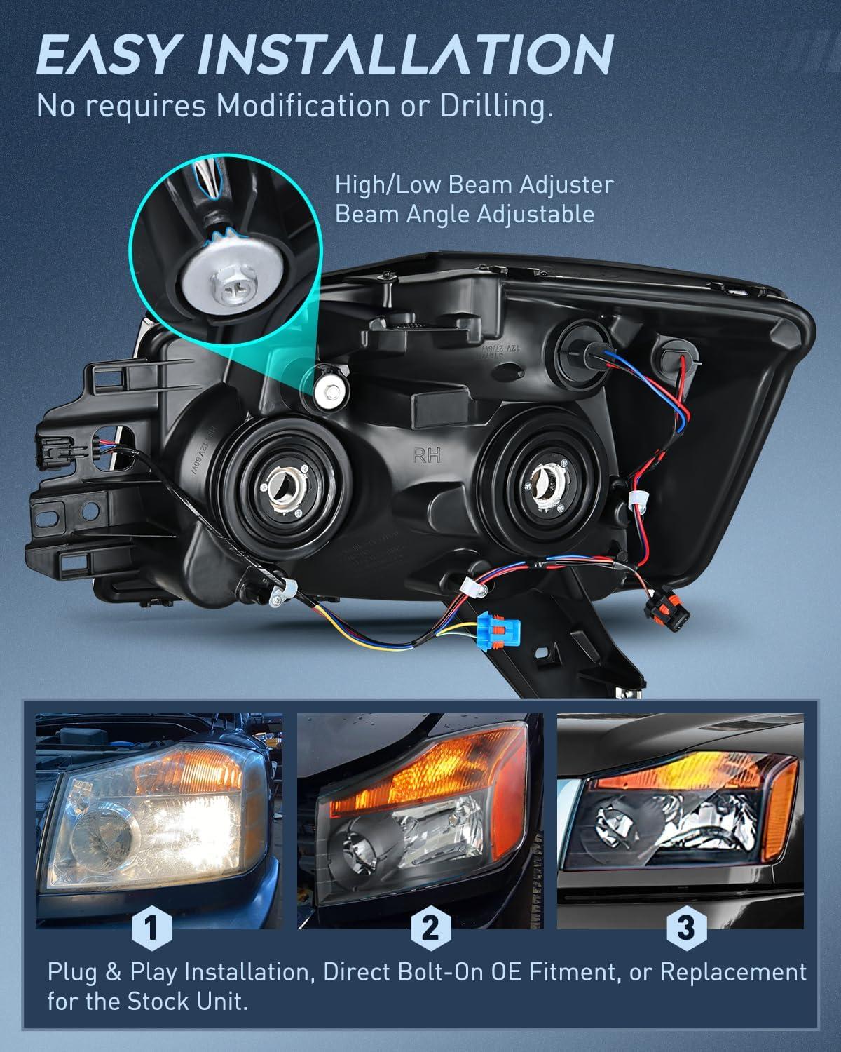 image:imageNilight Headlight Assembly Compatible with 2004 2005 2006 2007 2008 2009 2010 2011 2012 2013 2014 2015 Nissan Titan 2004 2005 2006 2007 Armada Headlamps Replacement Chrome Housing Amber ReflectorBlack Housing Amber Reflector