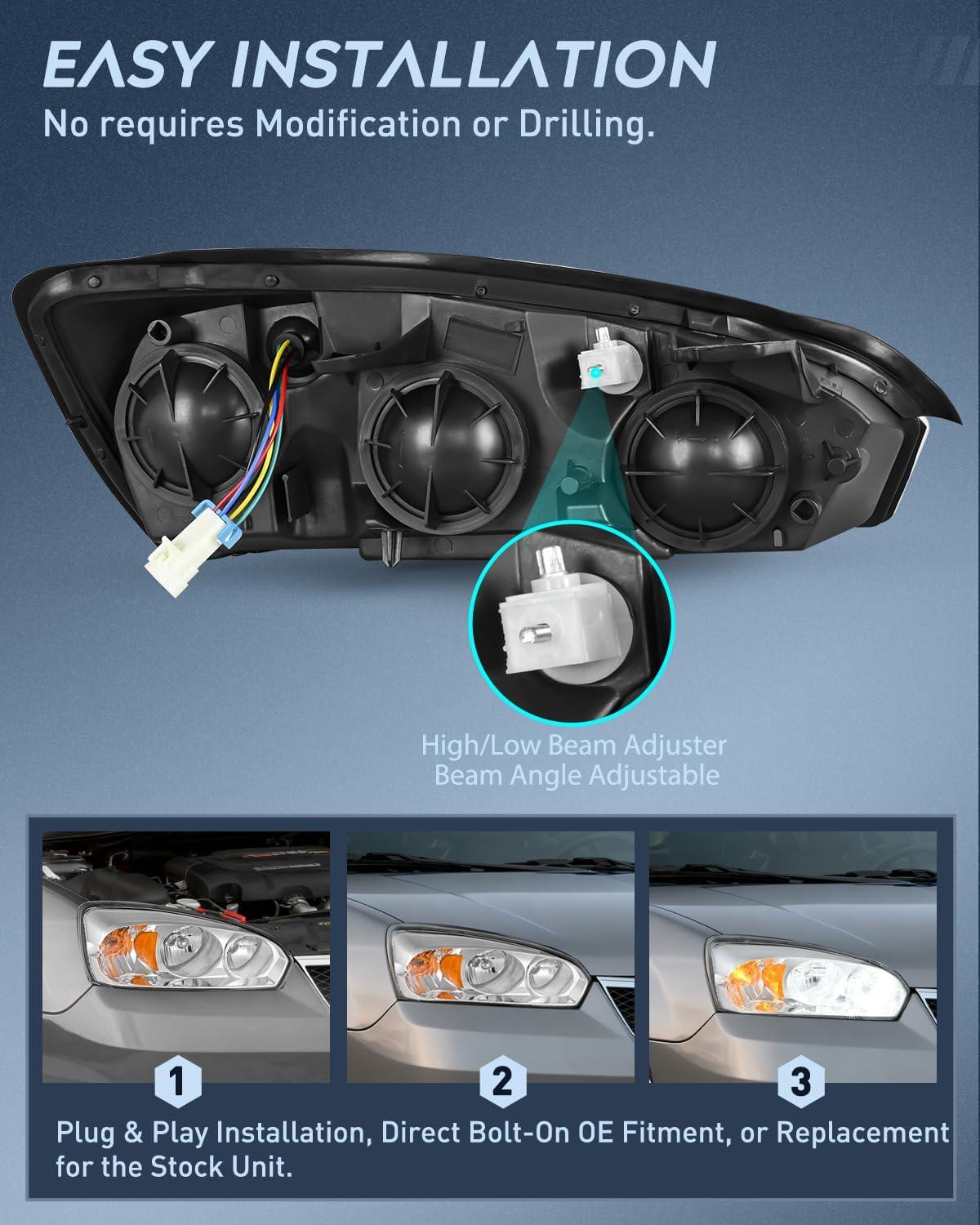 image:imageNilight Headlight Assembly Compatible with 2004 2005 2006 2007 Chevrolet Chevy Malibu 2008 Classic OE Headlamp Replacement Chrome Housing Amber Reflector Passenger and Driver Side